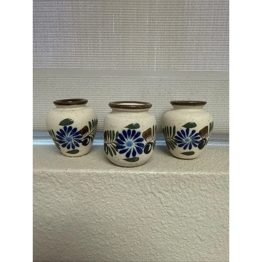 Set of 3 Vintage Tonala Mini Pottery Bud Vases Hand Painted Flowers-Mexico